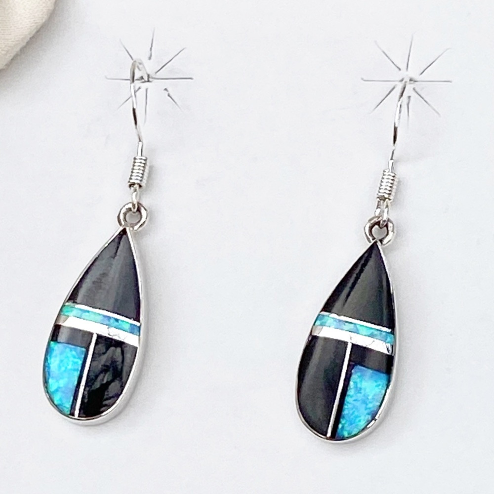 Signed-James Manygoats Navajo Onyx, Opal Inlay & Sterling Silver Dangle Earrings - Picture 4 of 6